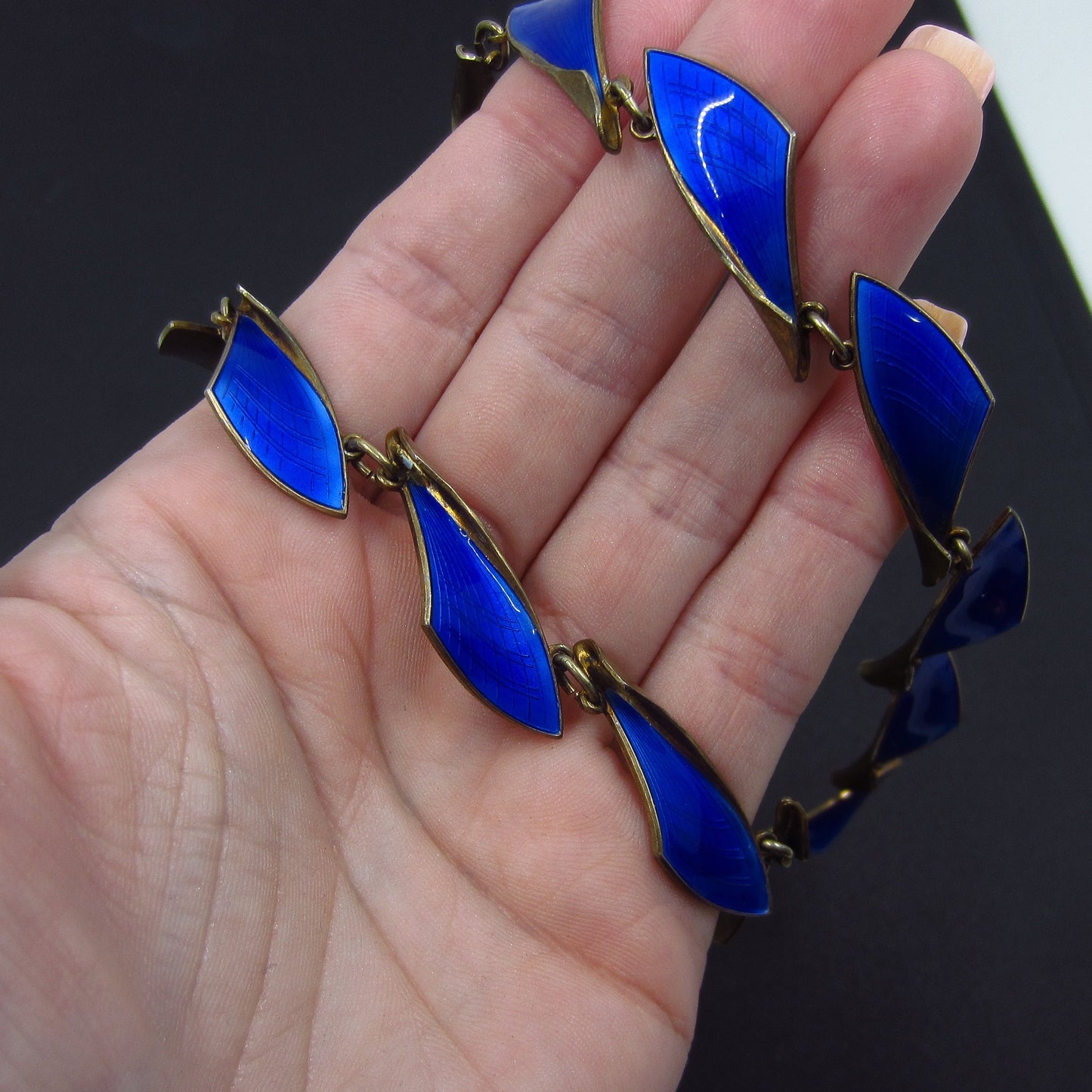 SOLD--Modernist Blue Enamel Collar Gilt Sterling, Norway c. 1960