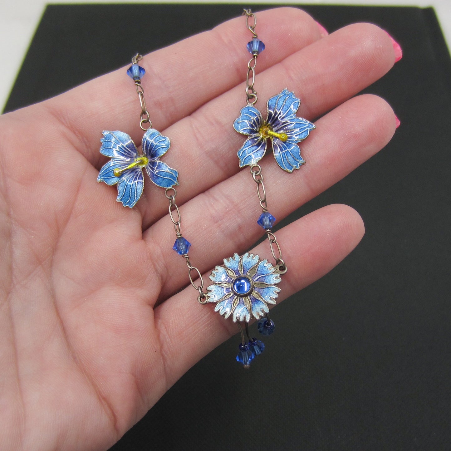 SOLD--Vintage Blue Enamel Flower Necklace Sterling, Scandinavian c. 1970