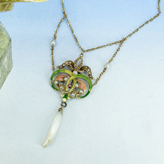 SOLD--Art Nouveau Enamel and Pearl Necklace 14k c. 1900