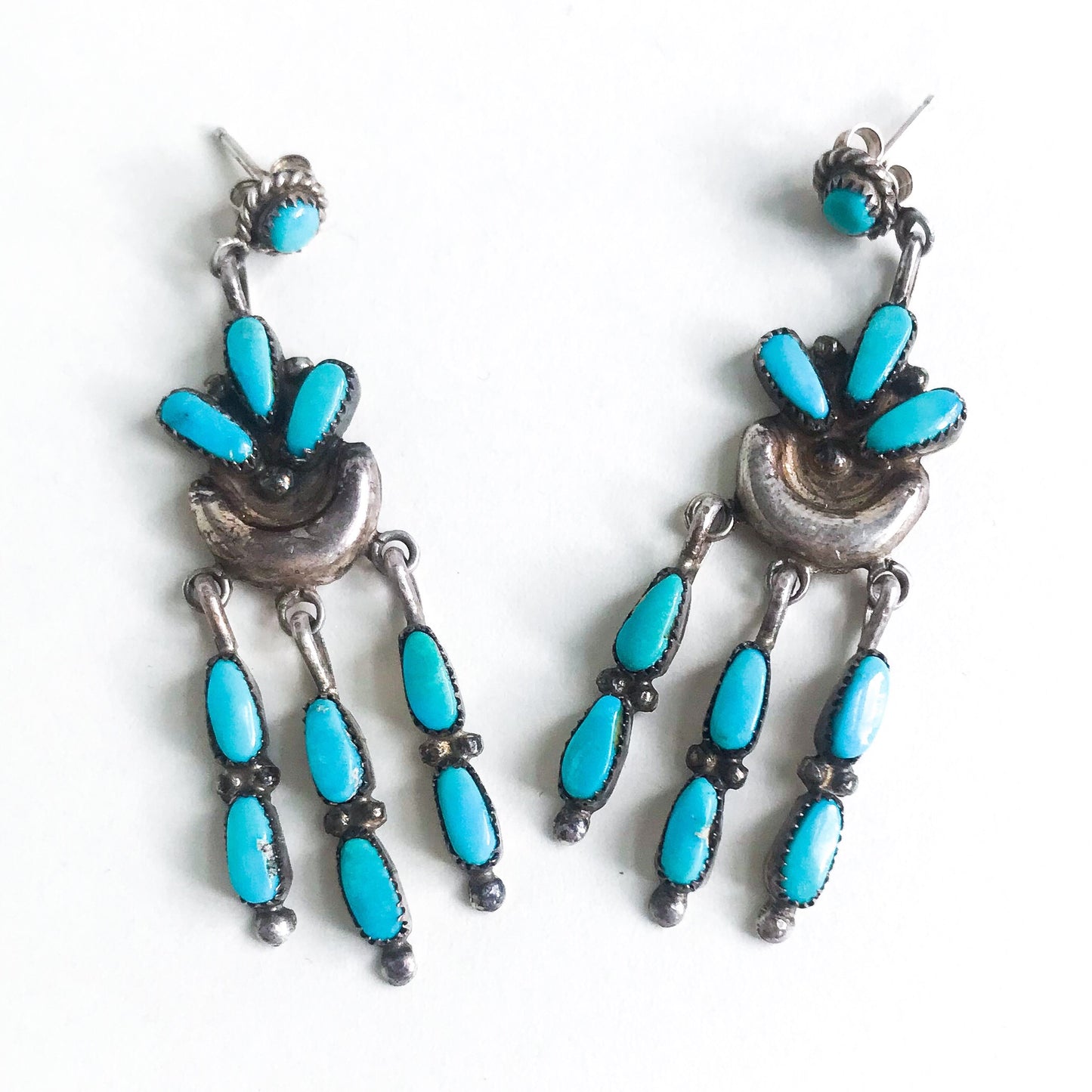 SOLD--Vintage Zuni Turquoise Fringe Drop Earrings Sterling c. 1960