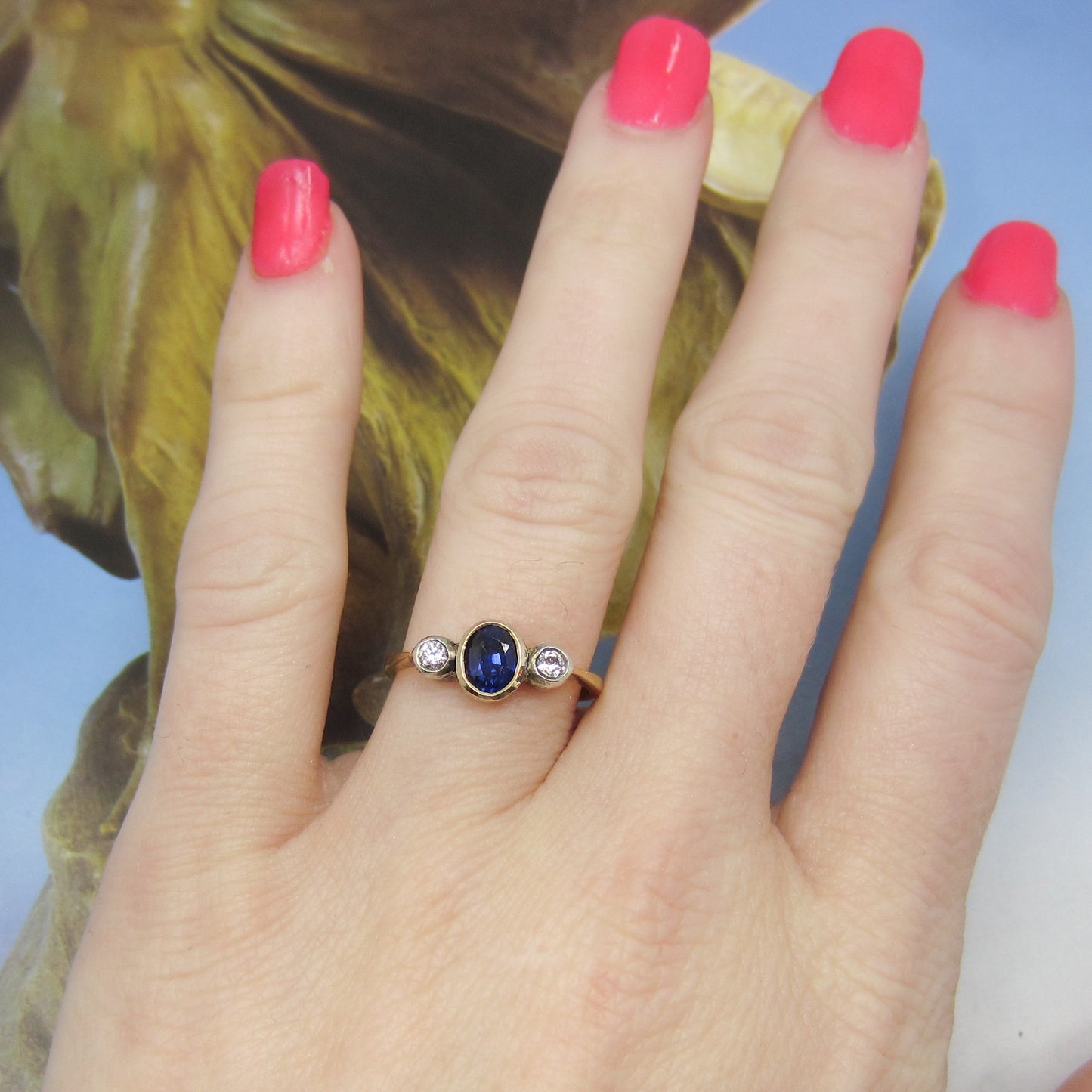 SOLD--Art Deco Bezel Set Sapphire and Diamond Ring 14k c. 1940