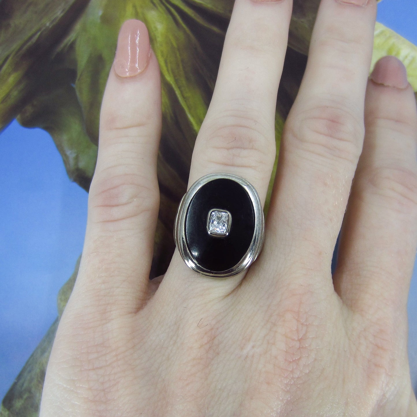 SOLD—Art Deco Old Mine Diamond and Onyx Signet Ring 10kc. 1920