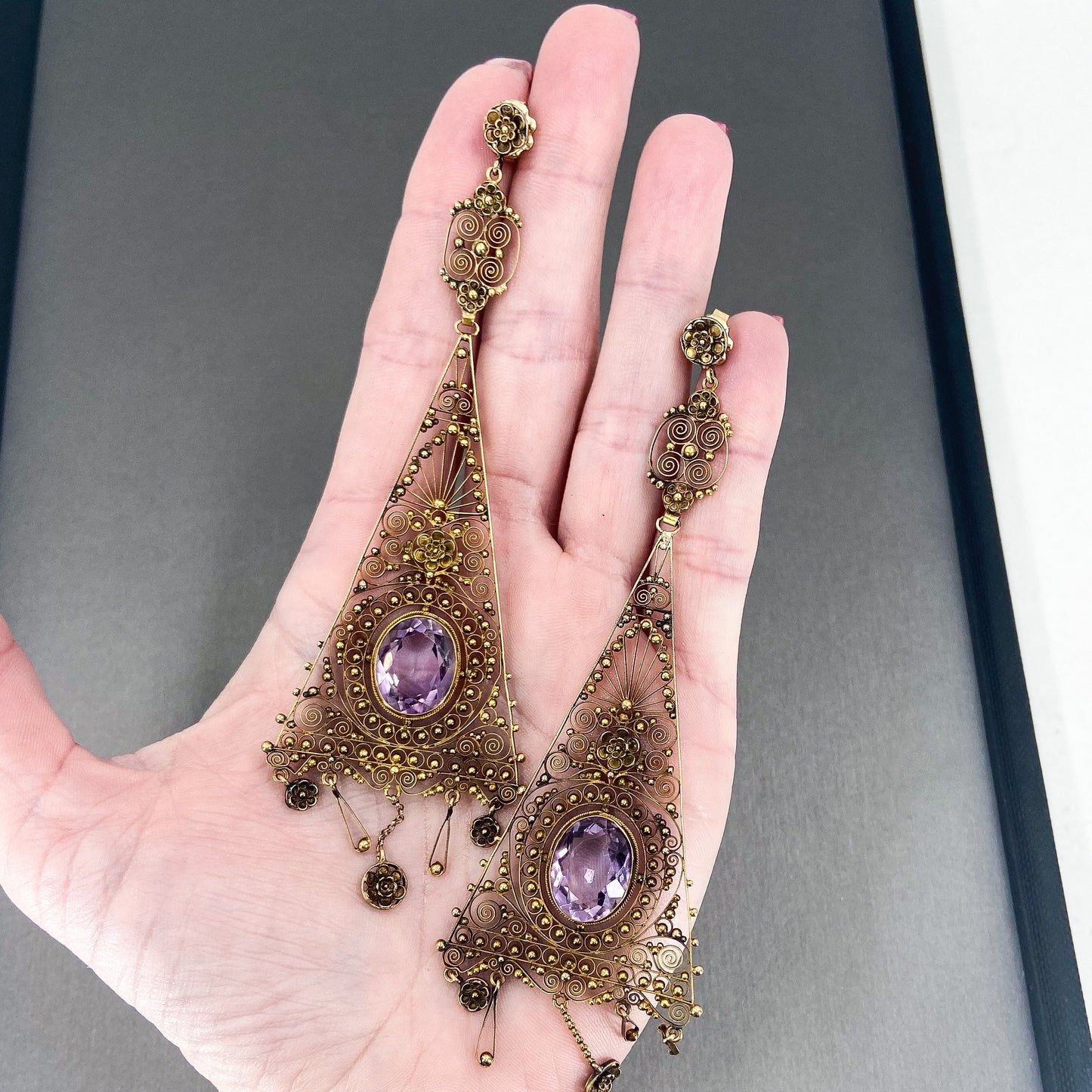 SOLD--Victorian HUGE Amethyst Cannetille Earrings c. 1900