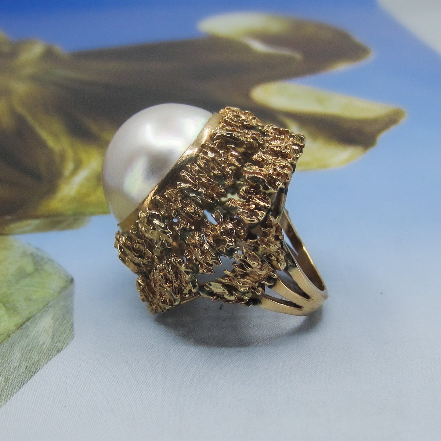 MidCentury HUGE Mabe Pearl Cocktail Ring 14k c. 1960