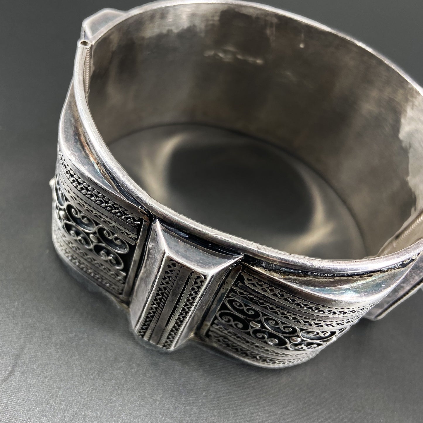 SOLD--Antique Wide Ornate Hinged Bangle Sterling c. 1930