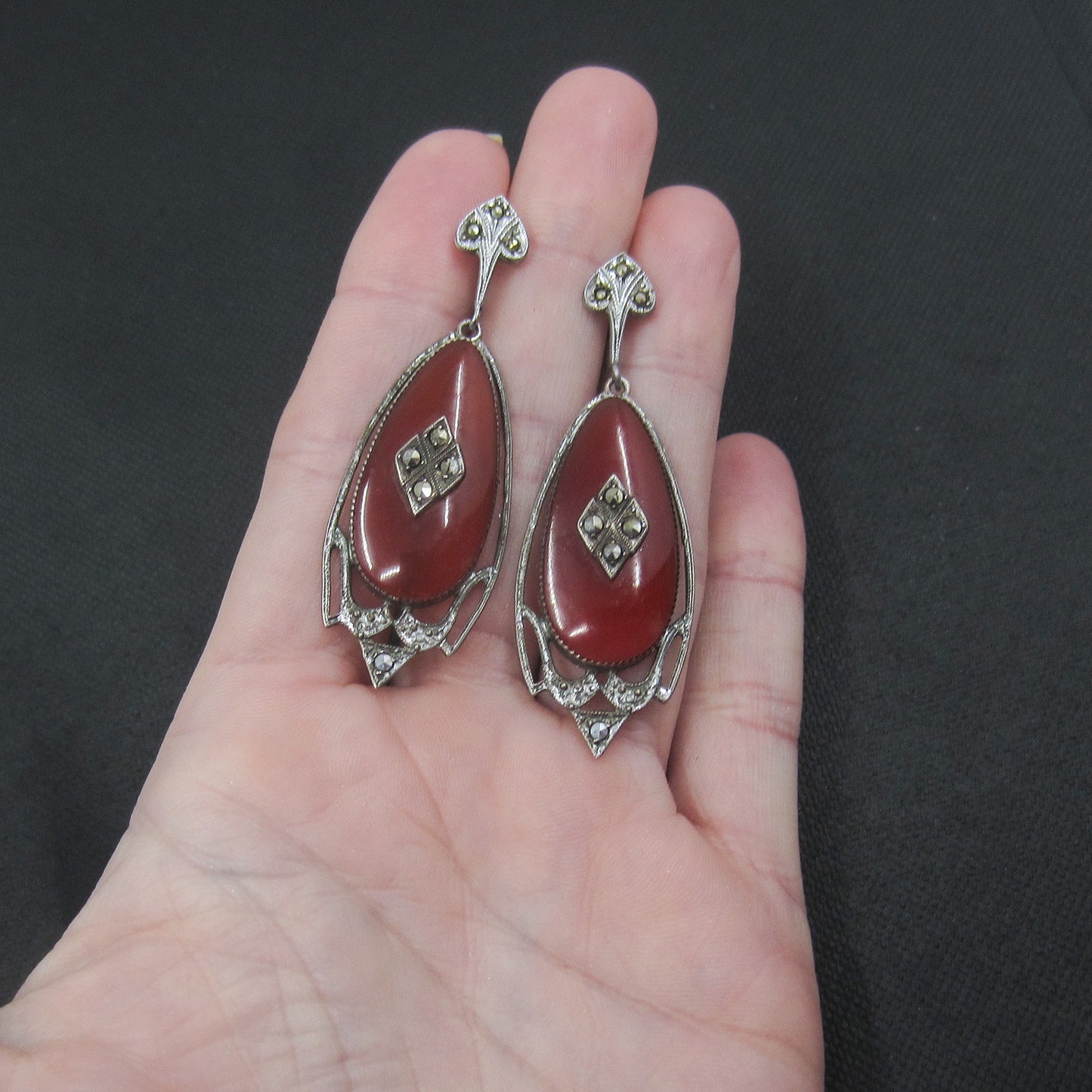 Art Deco Marcasite and Carnelian Drop Earrings Sterling c. 1920