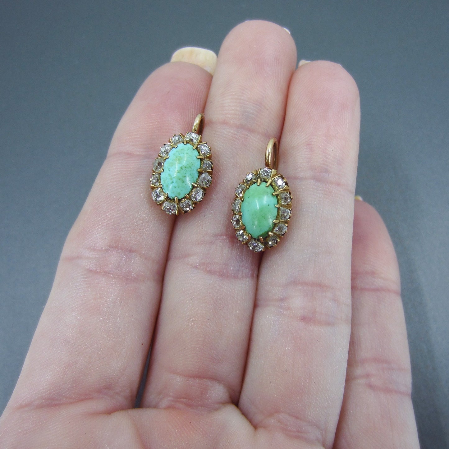 SOLD—Victorian Turquoise and Old Mine Diamond Earrings 14k c. 1880