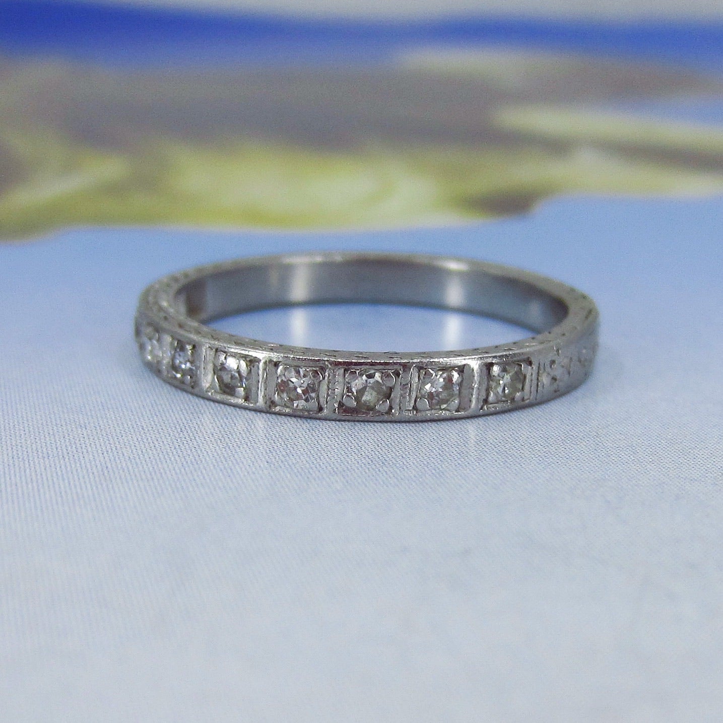 SOLD-Art Deco Ten Diamond Engraved Band Platinum c. 1930