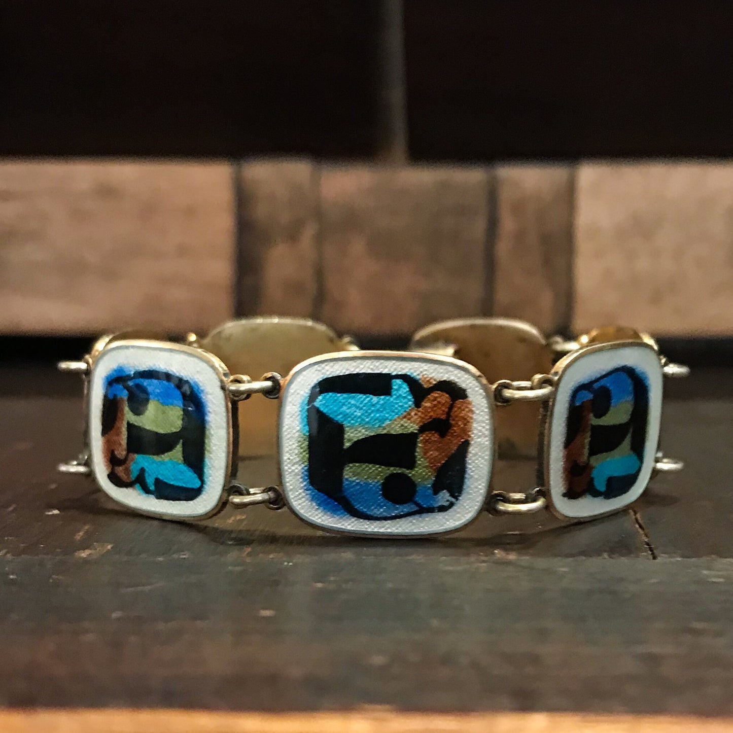 SOLD--Mid-Century Modernist Enamel Bracelet Gilt Sterling c. 1950