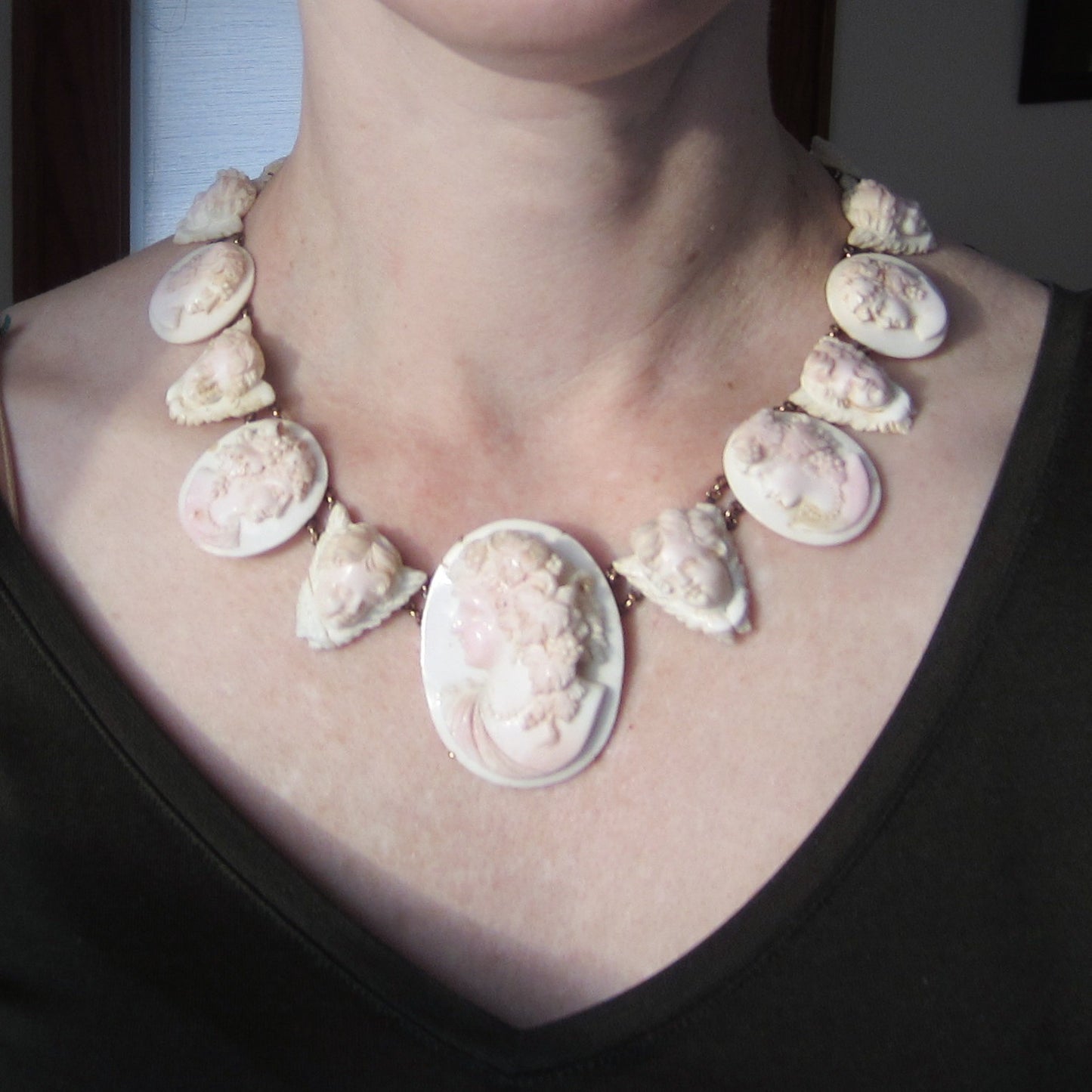 Grand Victorian Conch Shell Cameo Necklace 14k c. 1870