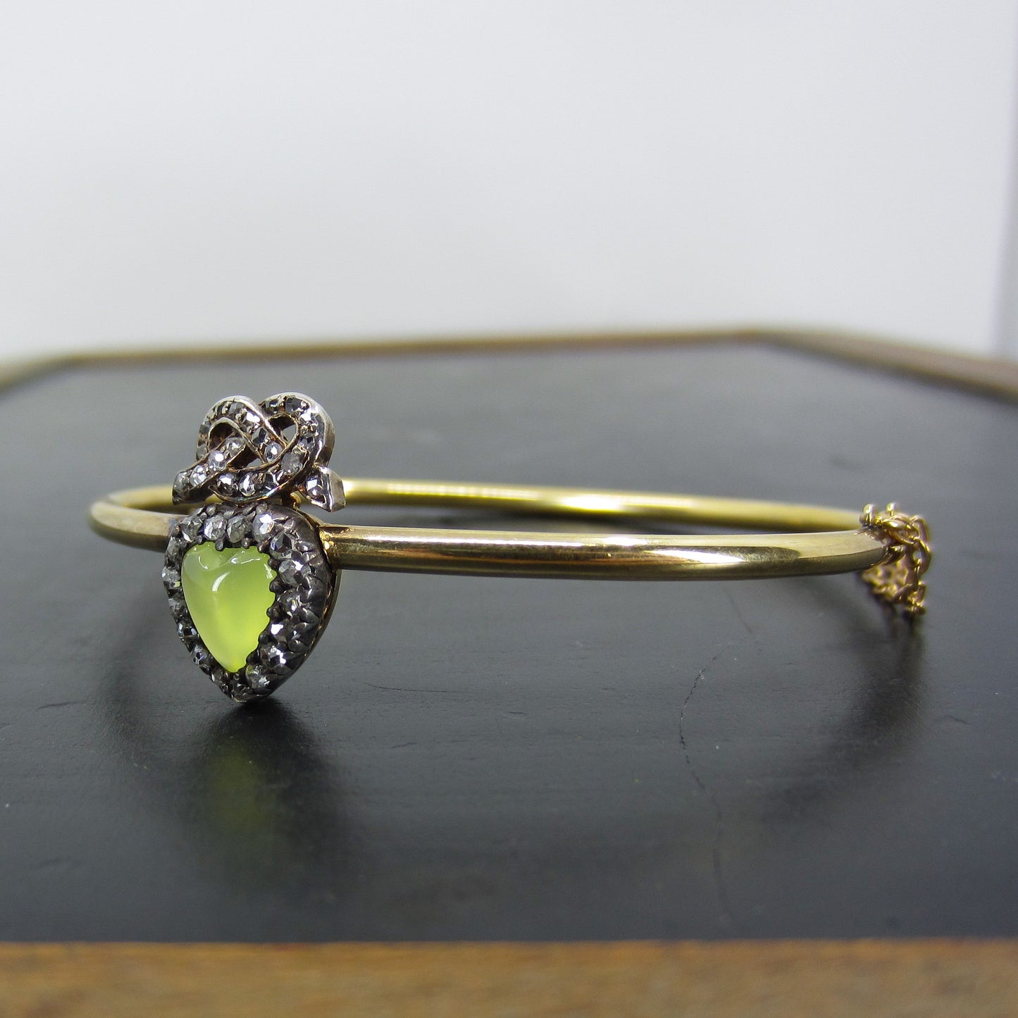 SOLD--Victorian Chrysoprase and Rose Cut Diamond Heart with Love Knot Bracelet Silver/14k c. 1890
