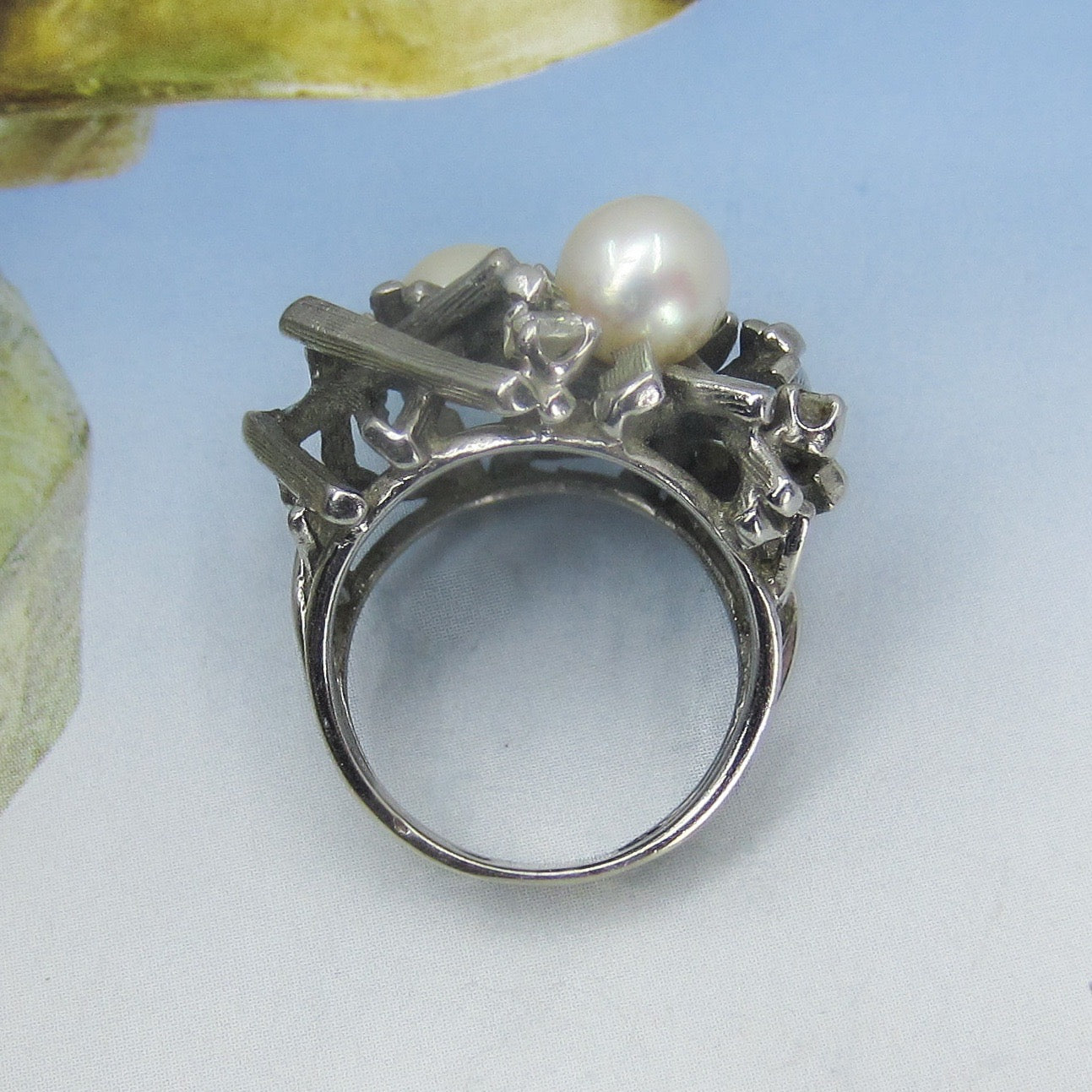 Brutalist Diamond And Pearl Ring 14k c. 1970