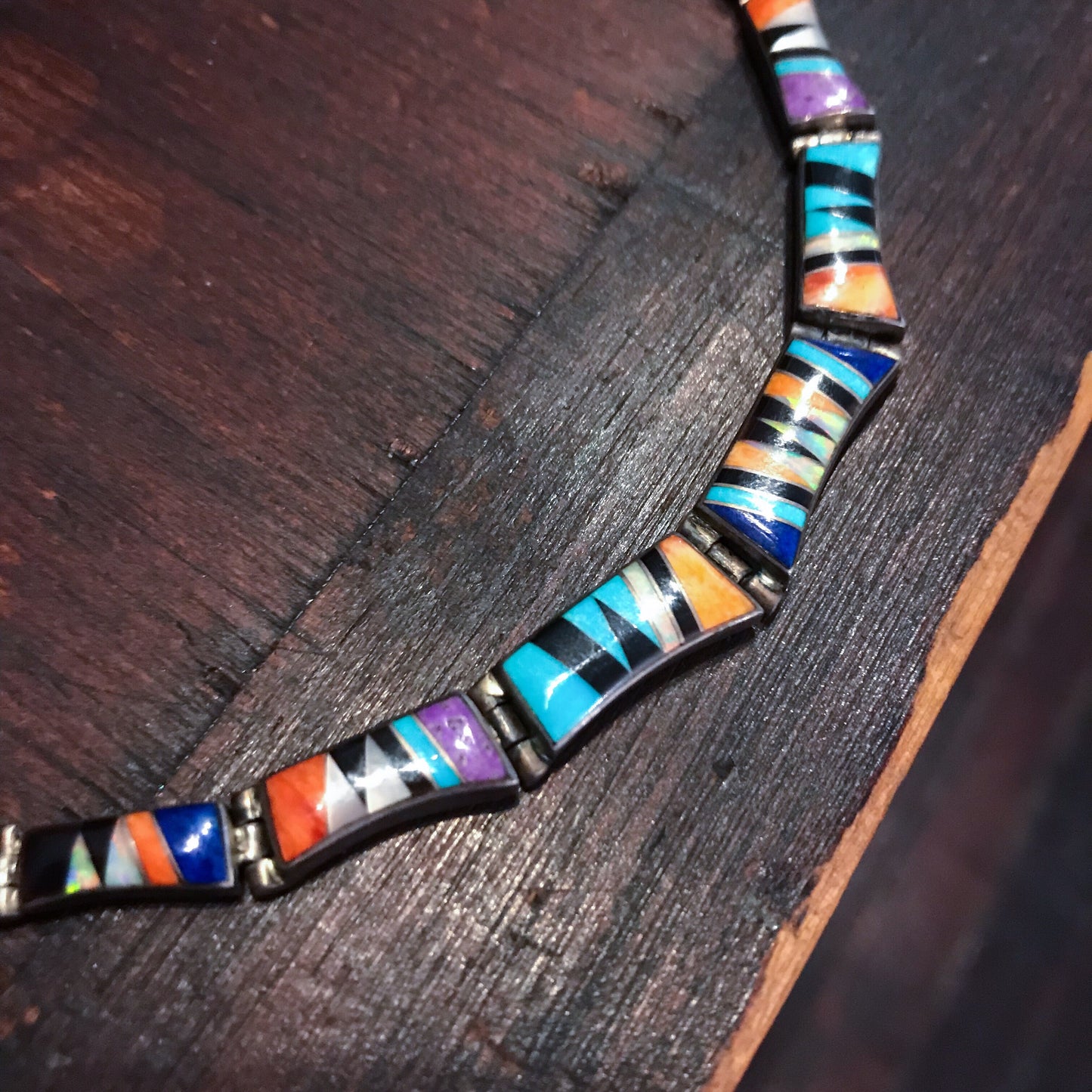 SOLD--Vintage Navajo Inlay Necklace Sterling c. 1980