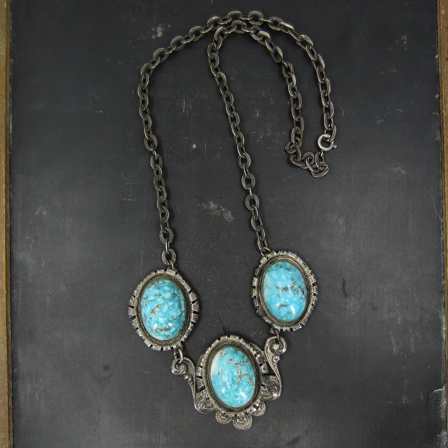 Art Deco Turquoise Art Glass Necklace Silver Plate c. 1930