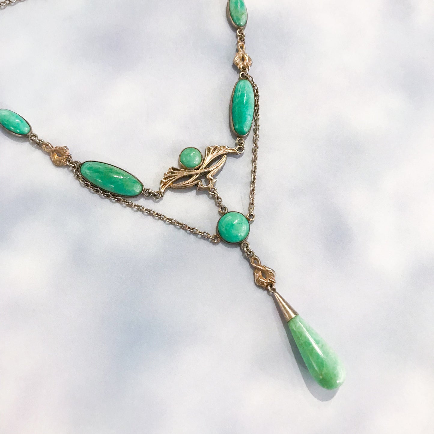 SOLD--Art Nouveau Green Quartz Drop Necklace Sterling c. 1900