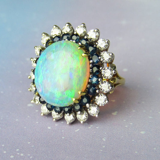 SOLD--Fabulous Mid-Century Opal, Diamond and Sapphire Ring 18k c. 1960