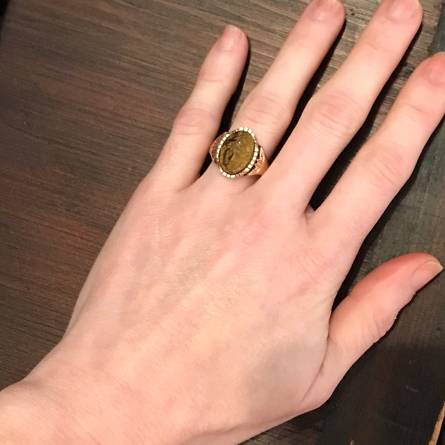 SOLD-Victorian Tiger's Eye Mercury Cameo Ring 10k c. 1880