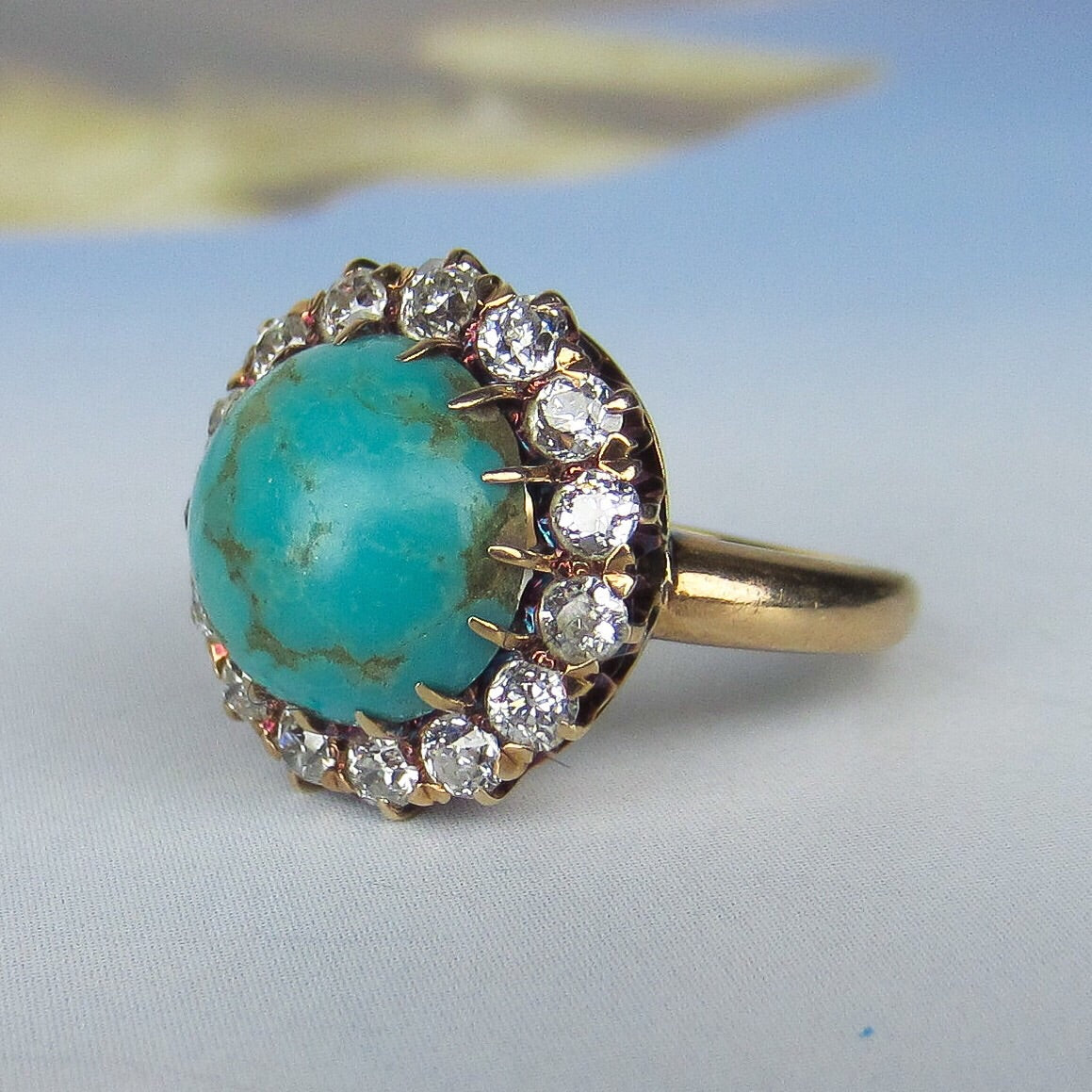 SOLD--Edwardian Turquoise and Diamond Cluster Ring 14k c. 1900