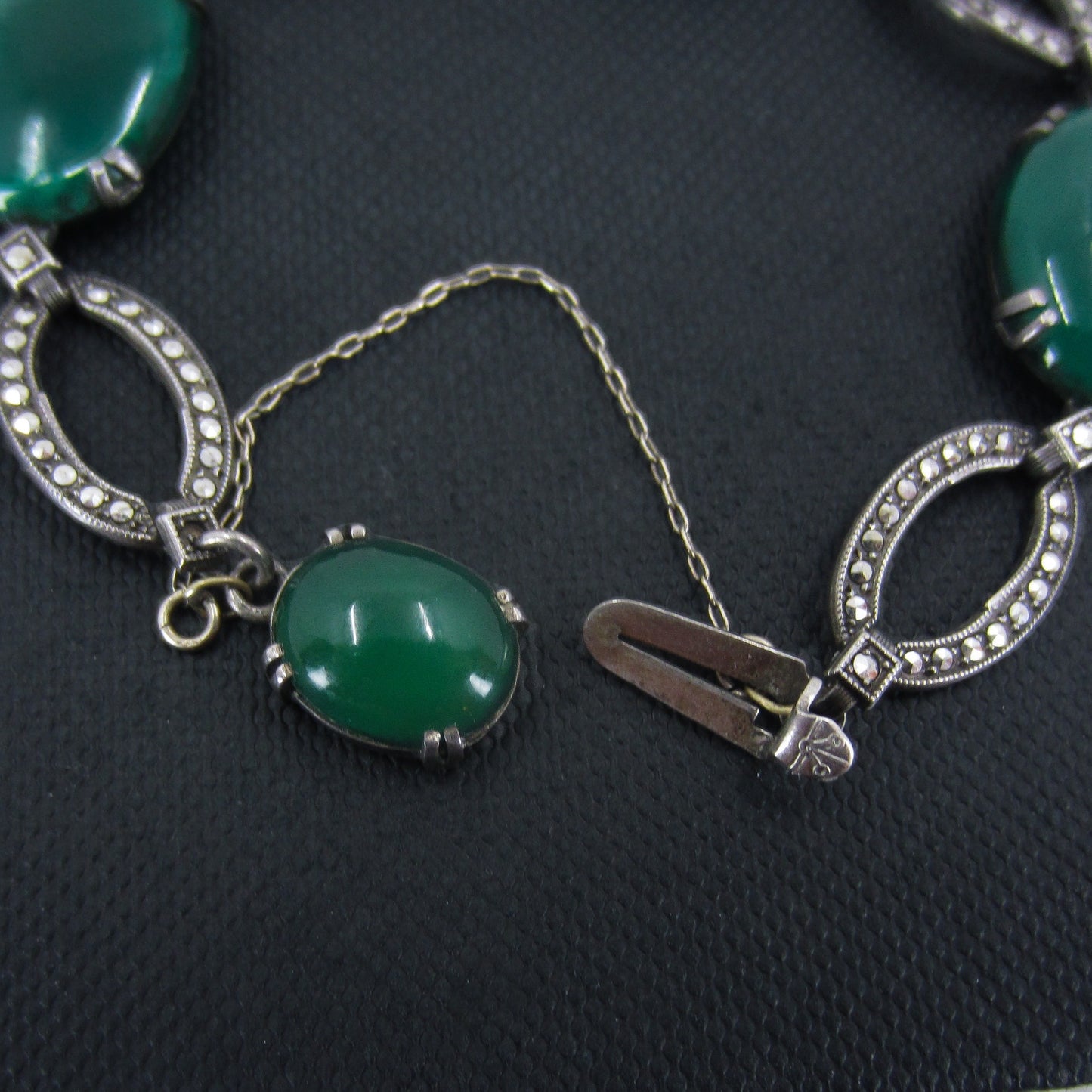 SOLD--Art Deco Green Chalcedony and Marcasite Bracelet Sterling c. 1930