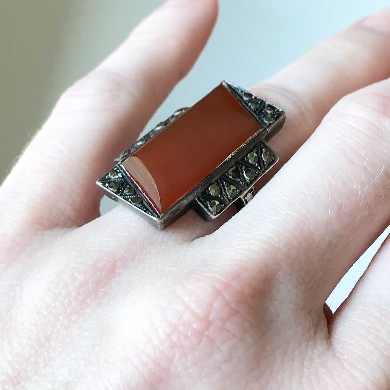 Art Deco Long Carnelian and Marcasite Ring Sterling c. 1930