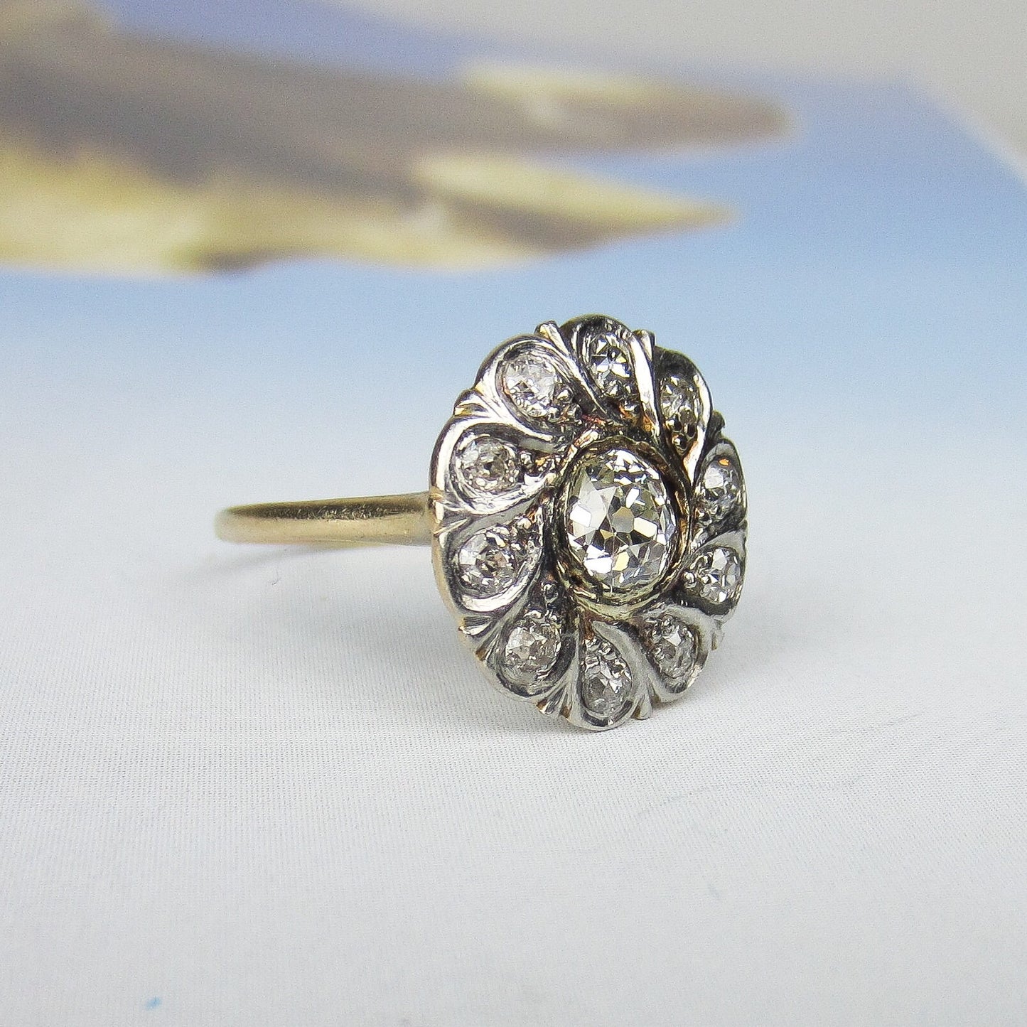 SOLD--Edwardian Old Mine Diamond Cluster Ring Platinum/14k c. 1910