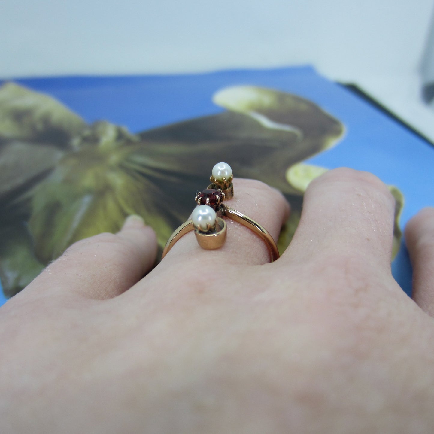 Edwardian Pearl and Garnet Bypass Ring 14k c. 1900
