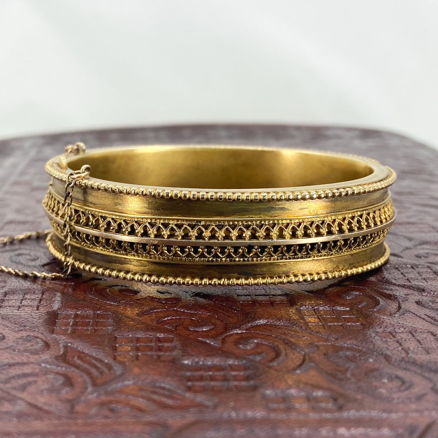 SOLD- Victorian  Etruscan Revival Hinged Bangle Gold-fill c. 1880