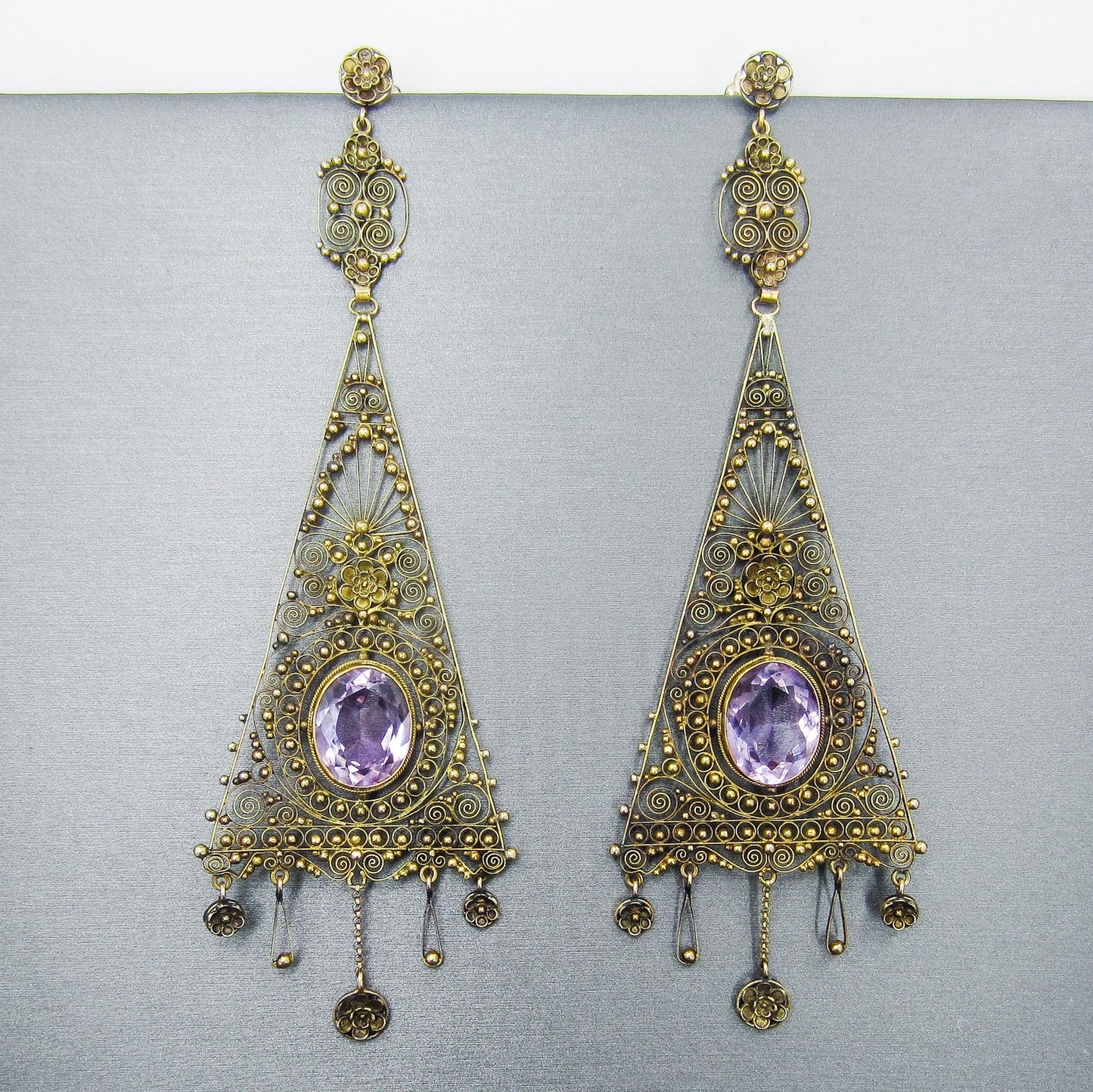 SOLD--Victorian HUGE Amethyst Cannetille Earrings c. 1900