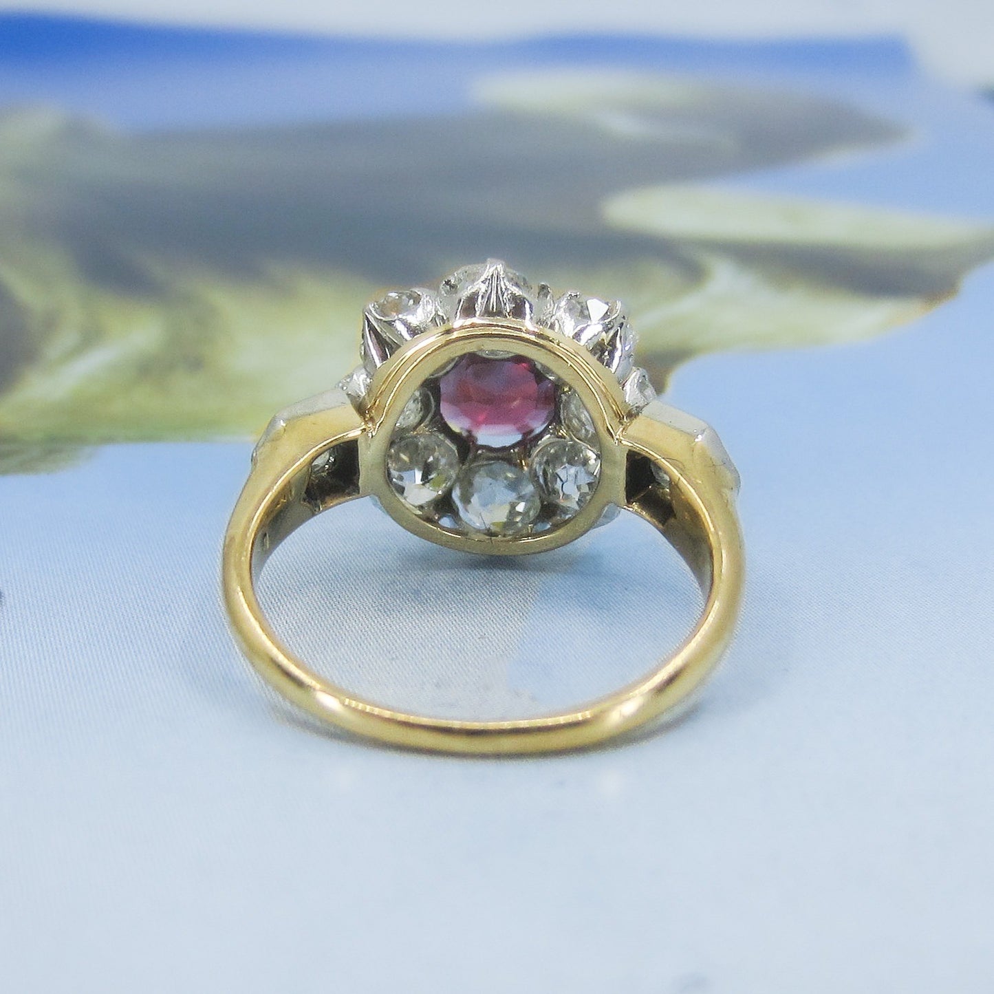 SOLD--Beautiful Edwardian Ruby and Old Mine Diamond Cluster Ring 14k/Plat c. 1900