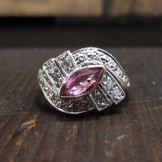 Art Deco Pink Sapphire and Diamond Ring 14k c. 1940