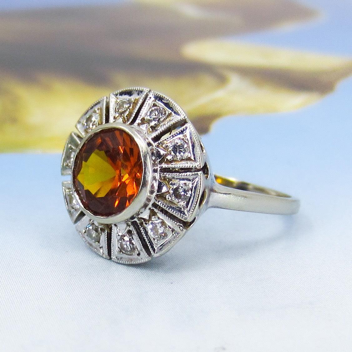 SOLD-Late Art Deco Syn. Orange Sapphire and Diamond Ring 14k c. 1940