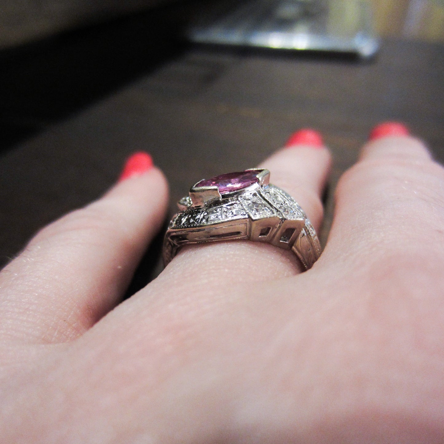 Art Deco Pink Sapphire and Diamond Ring 14k c. 1940