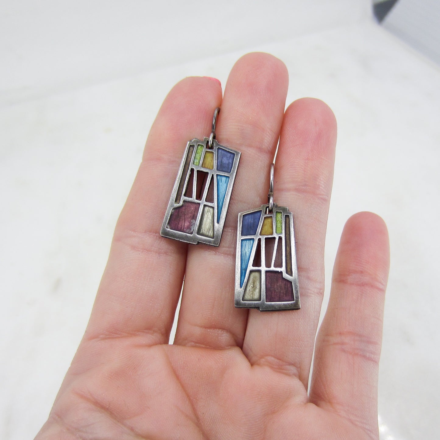 SOLD--Post-Modern Enamel Drop Earrings Sterling, Carly Wright