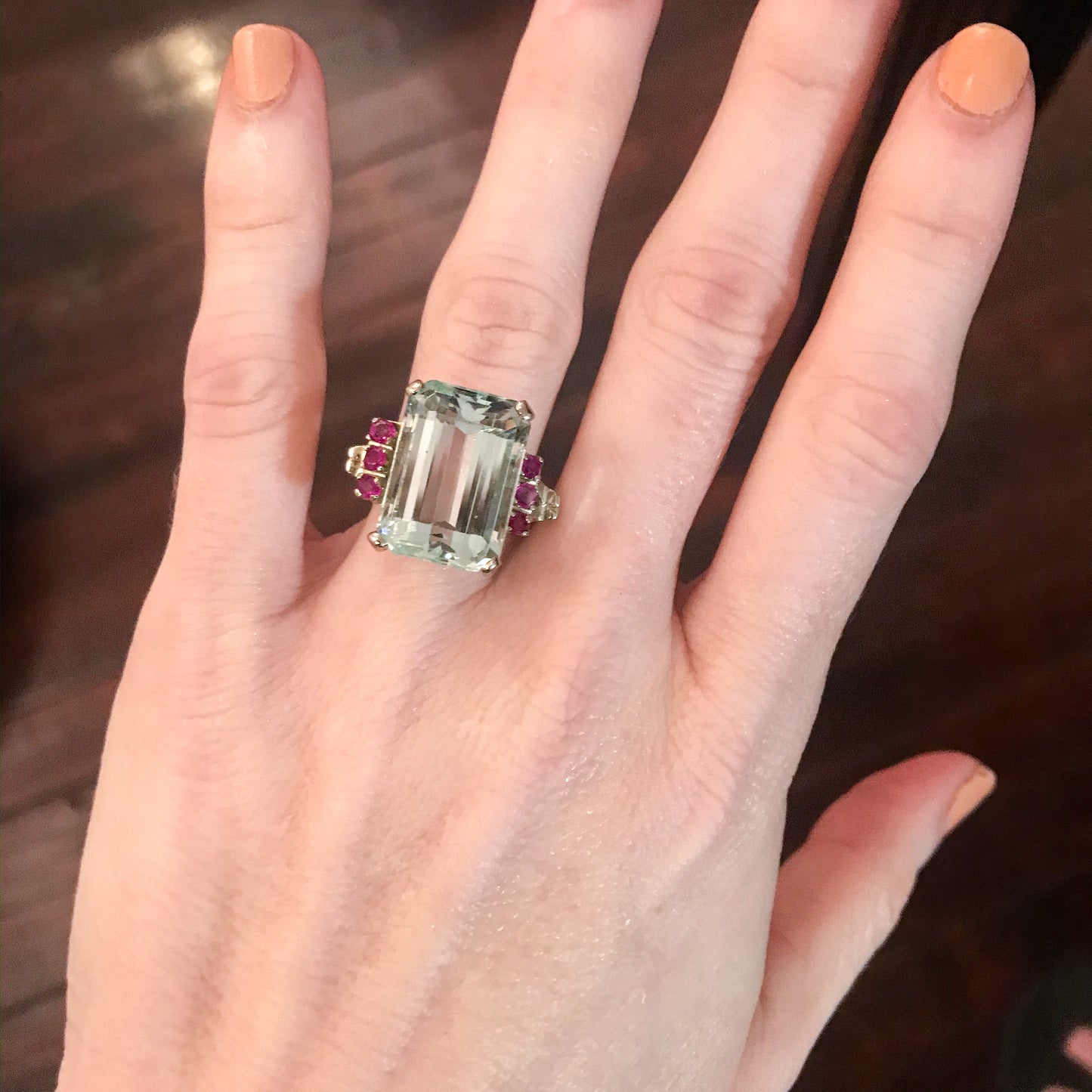 SOLD--Retro Aquamarine and Ruby Ring 14k c. 1940