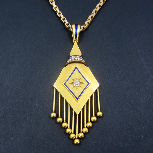 SOLD--Victorian Large Enamel and Diamond Fringe Pendant 15k c. 1860