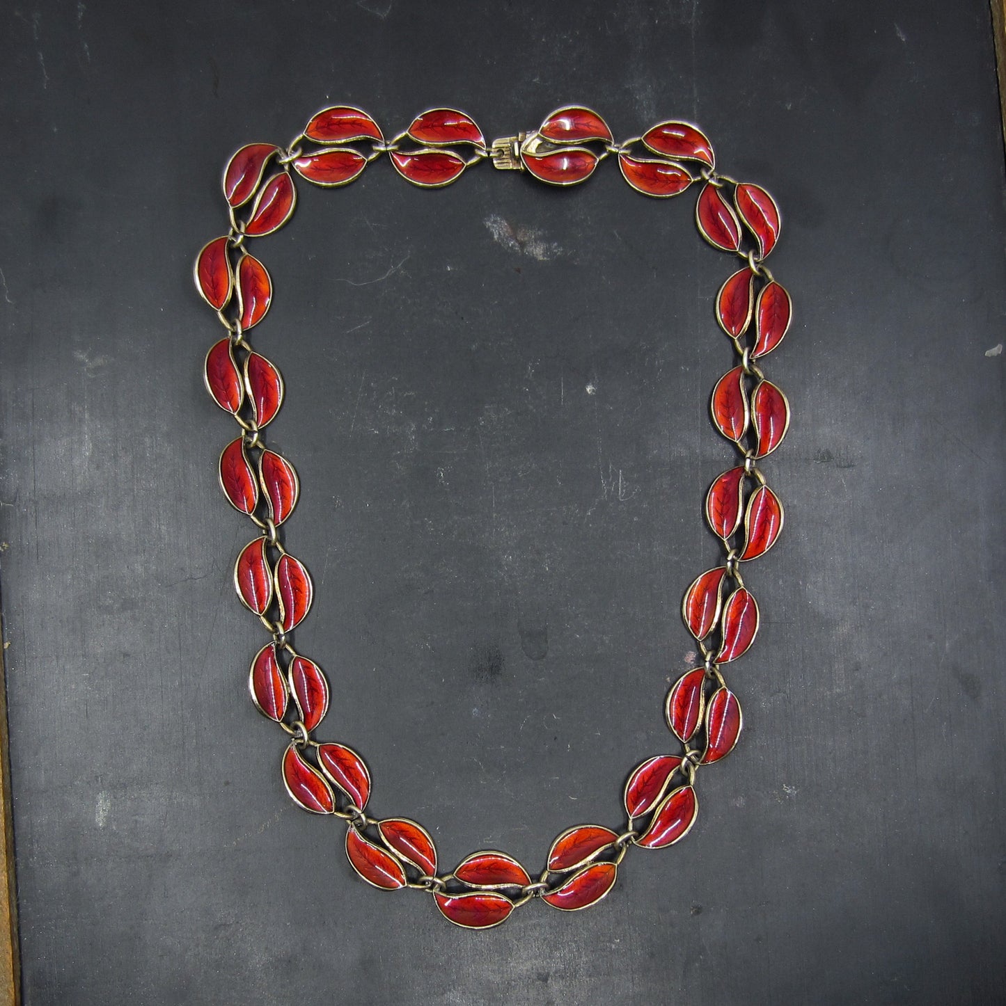 SOLD--Mid-Century David Andersen Red Enamel Necklace Gilt Sterling c. 1950, Norway