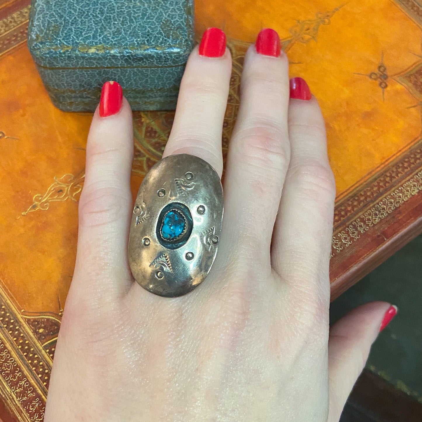 Giant Turquoise Shadow Box Ring Sterling c. 1960