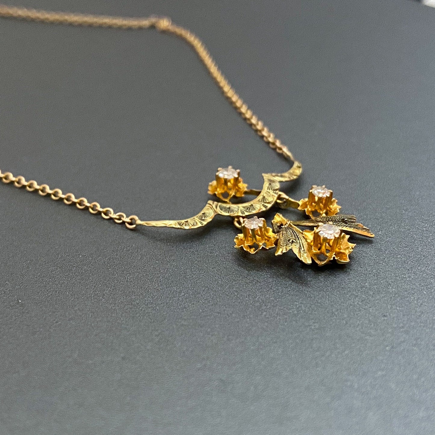 Edwardian Diamond Flower Necklace 14k c. 1910