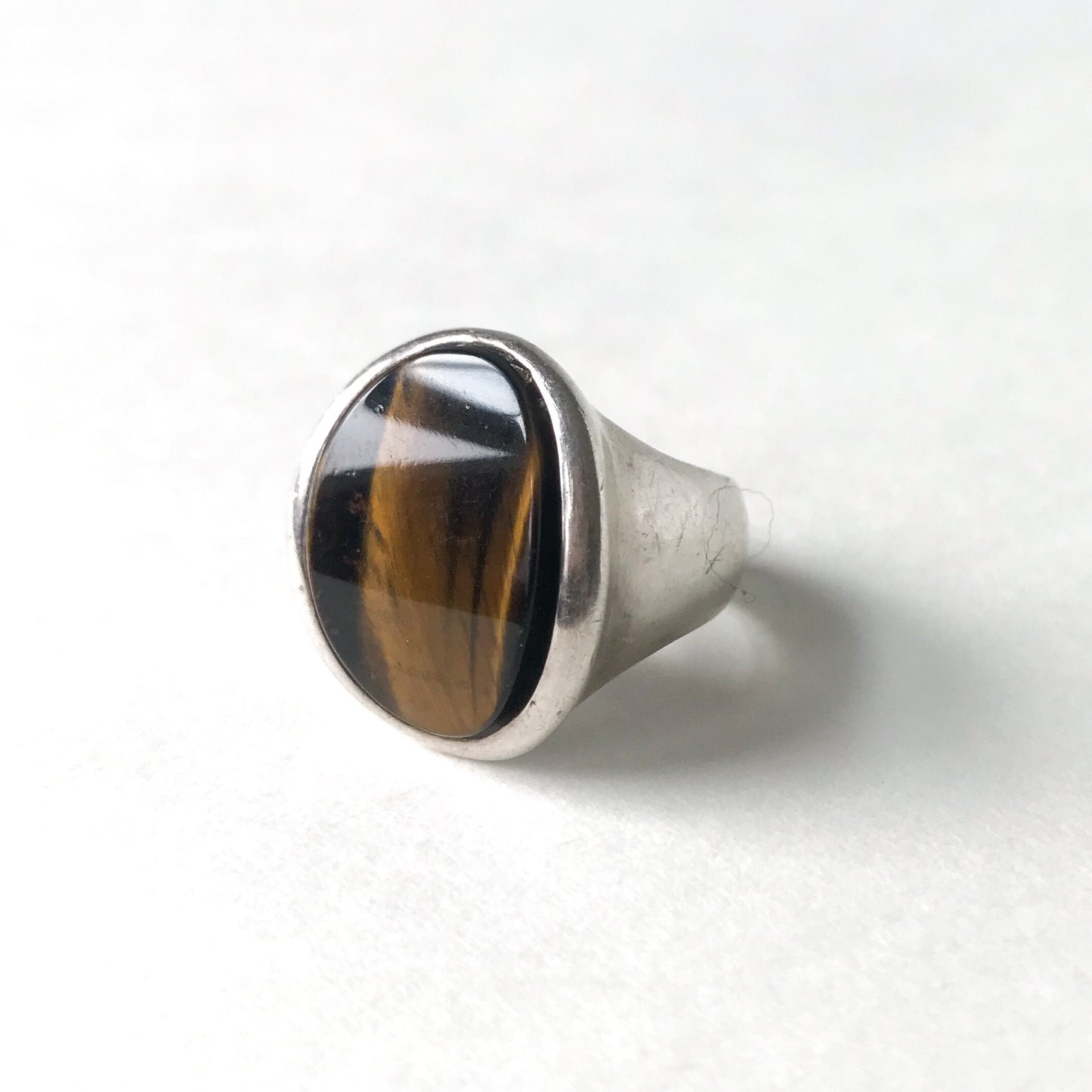 SOLD--Modernist Tigers Eye Signet Ring Sterling c. 1970