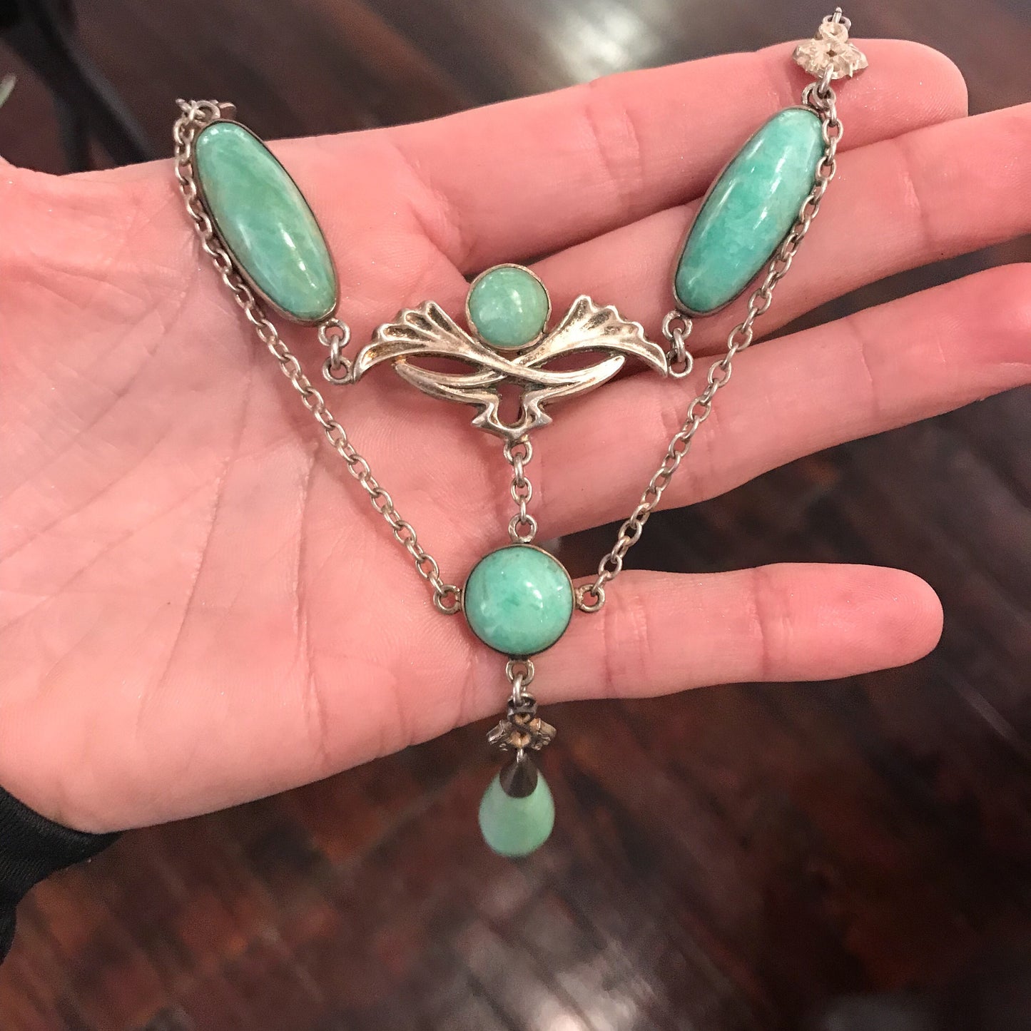 SOLD--Art Nouveau Green Quartz Drop Necklace Sterling c. 1900