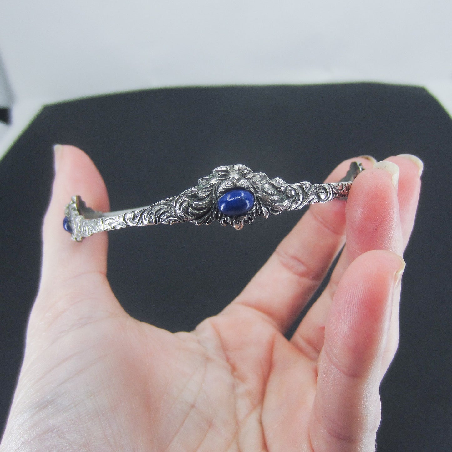 SOLD--Art Deco Lapis Lion Armlet Bracelet Sterling Silver c. 1920