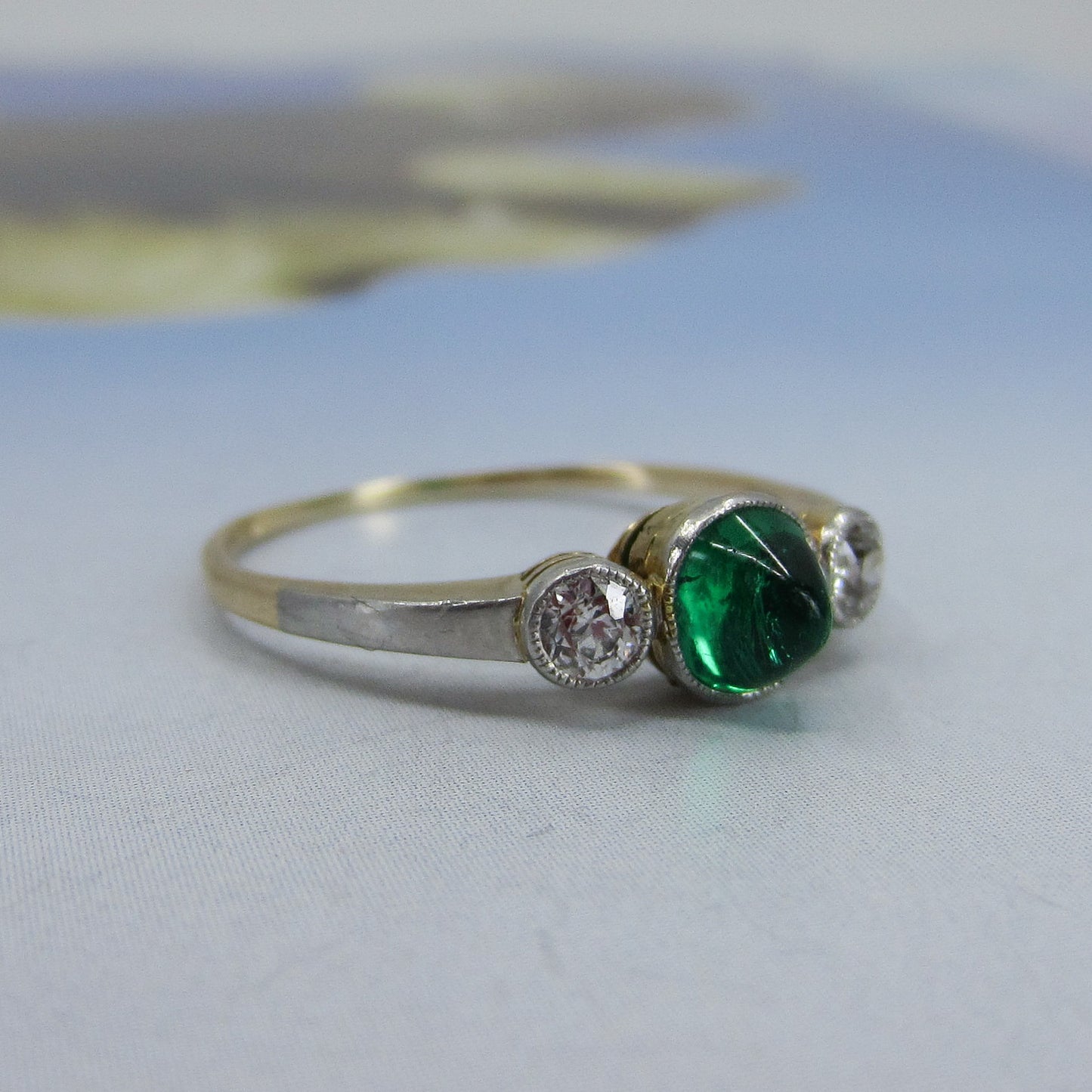 SOLD-Art Deco Cabochon Emerald and Old Euro Diamond Ring Platinum/14k c. 1930