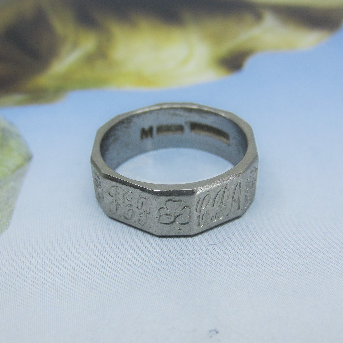 Edwardian Wide Engraved Band Platinum, size 6.25 c. 1900