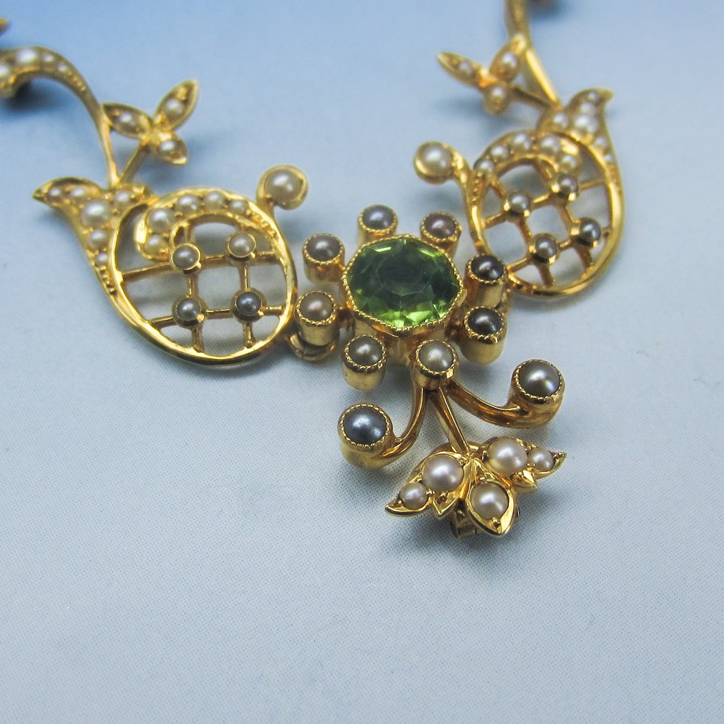 SOLD--Edwardian Peridot and Pearl Necklace 15k, British c. 1900