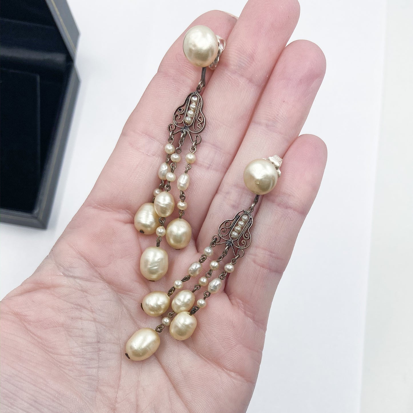 SOLD--Art Deco Long Faux Pearl Chandelier Earring Brass/Sterling c. 1930