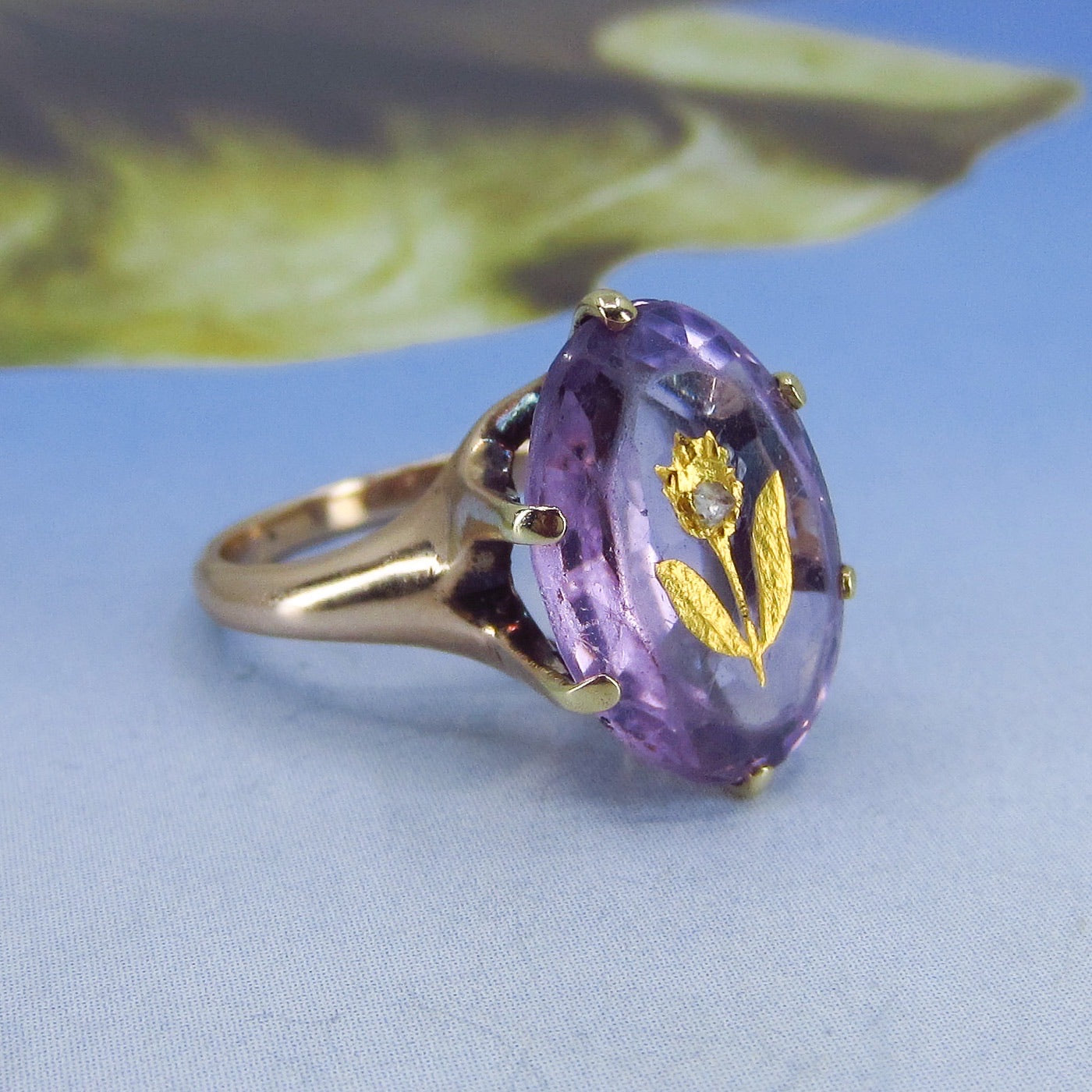 SOLD—Victorian Amethyst and Diamond Flower Ring 14k c. 1890