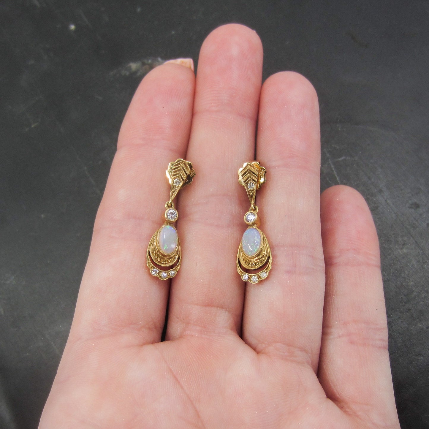 SOLD-Vintage Opal and Diamond Drop Earrings 14k