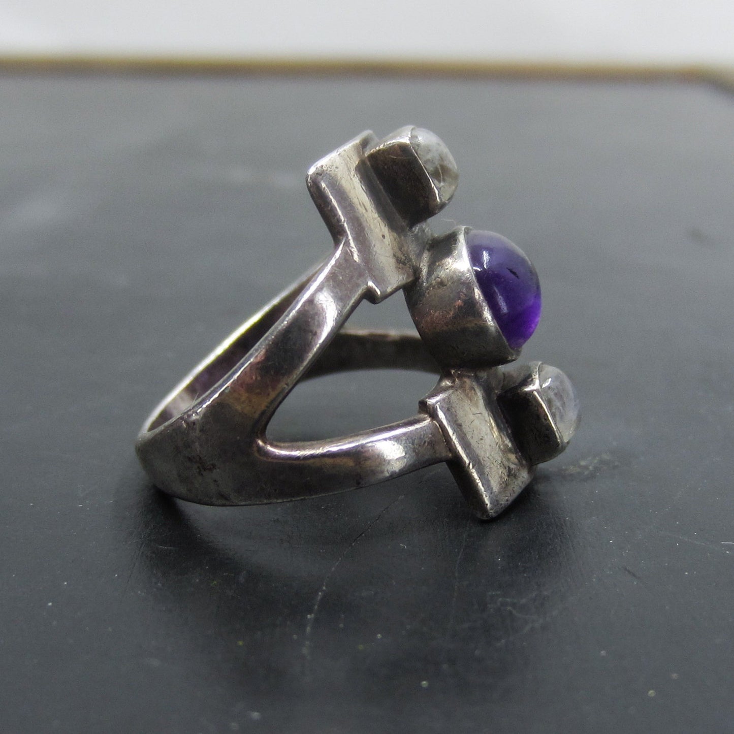 SOLD--Post-Modern Amethyst and Moonstone Ring Sterling c. 1990