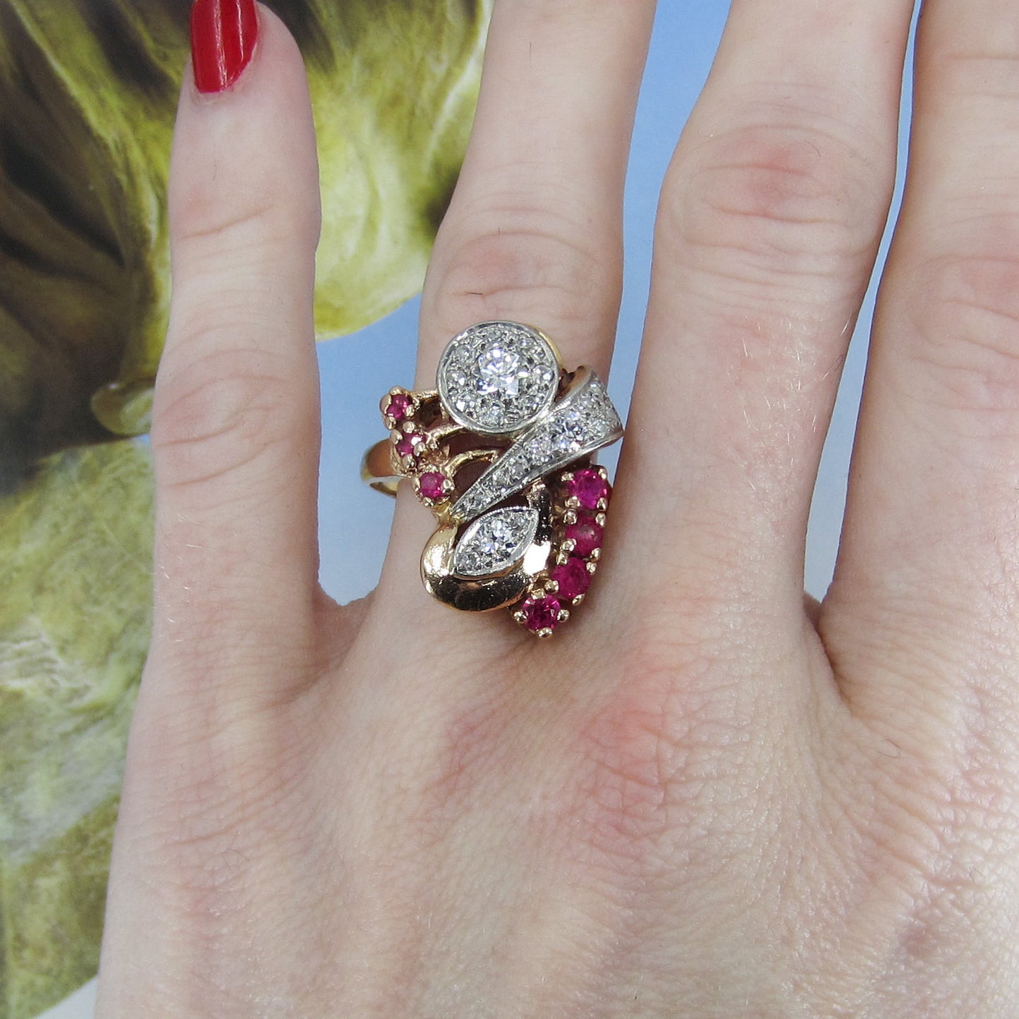 SOLD—Vintage Retro Old Hollywood Diamond and Ruby Ring 14k c. 1940