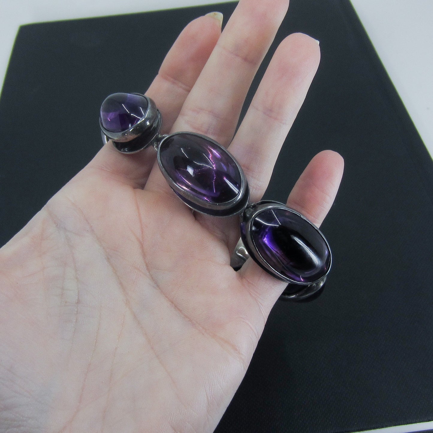 SOLD--Antonio Pineda Mid-Century Amethyst Cabochon Bracelet Sterling Silver c. 1960